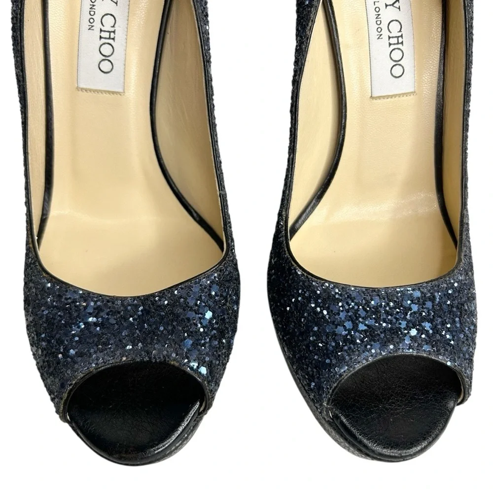 JIMMY CHOO Crown Coarse Glitter Peep Toe Stiletto Heels - Picture 5 of 12